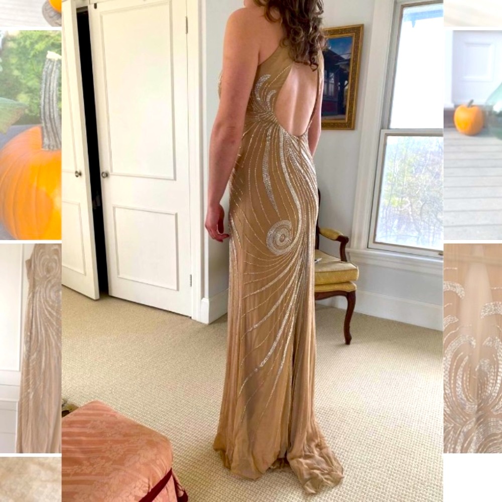 Sherri Hill halter style gown, with swirls of silver beading throughout.